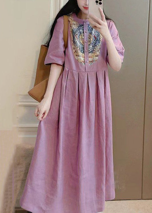 Purple Button Print Pockets Cotton Dresses Summer