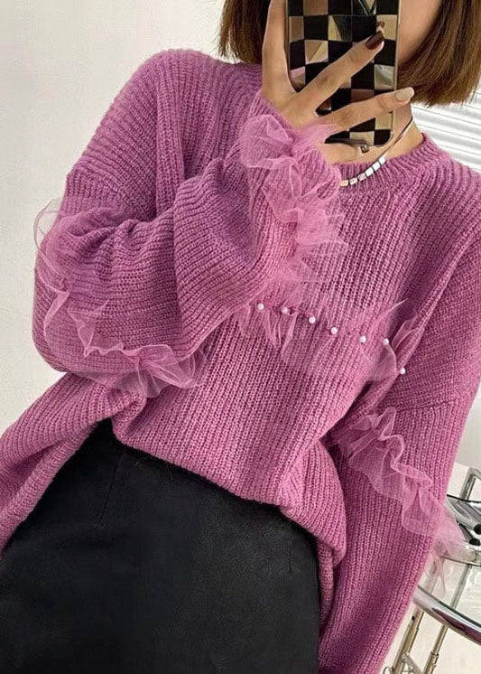 Purple Tulle Patchwork Nail Bead Fall Knit Sweaters