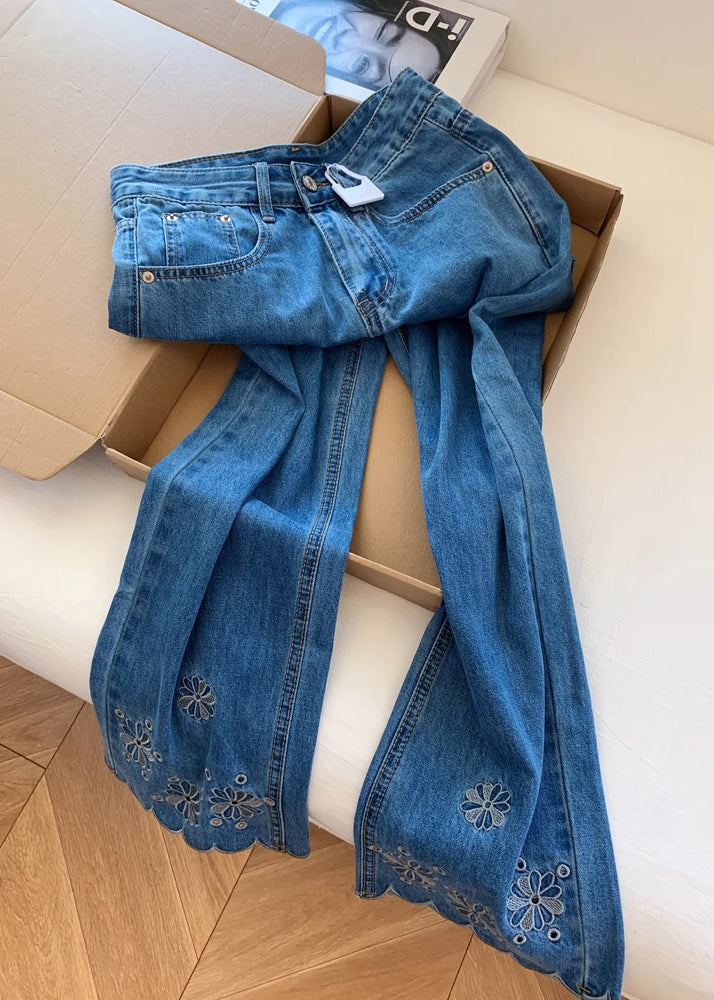 Blue Embroidered Denim Crop Pants Trousers Fall