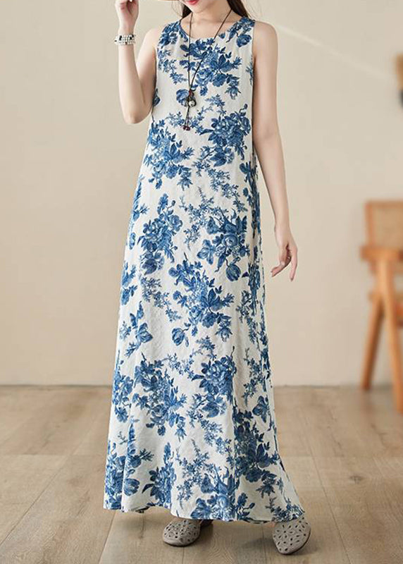 Blue O-neck Print Long Dress Summer