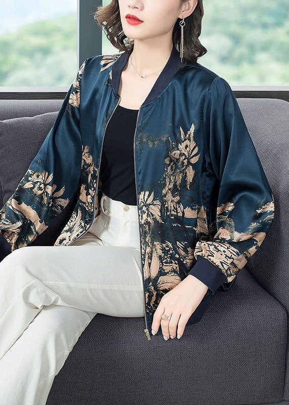 Navy Stand Collar Zip Up Print Silk Coat Outwear Fall