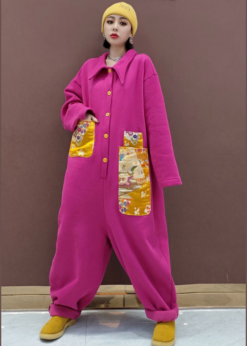 Natural Red Peter Pan Collar Pockets Patchwork Warm Fleece Jumpsuit Spring