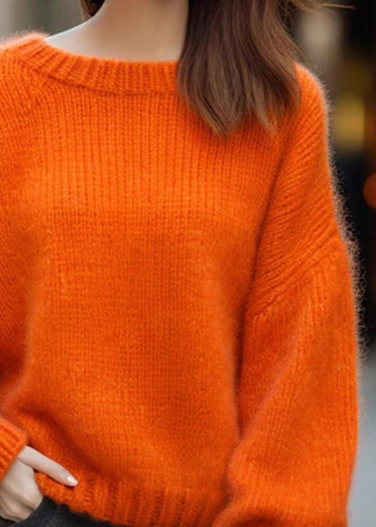 Simple Orange O Neck Cozy Cotton Knit Sweaters Long Sleeve