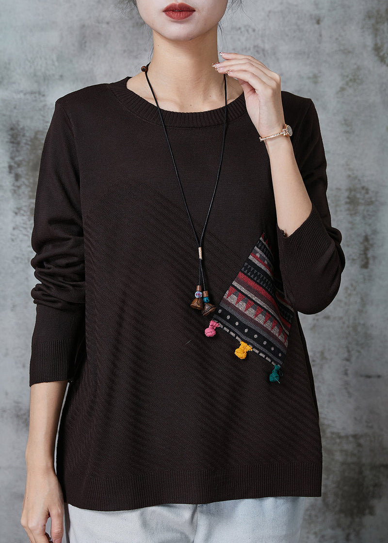 Chocolate Patchwork Knit Loose Sweaters O-neck Spring