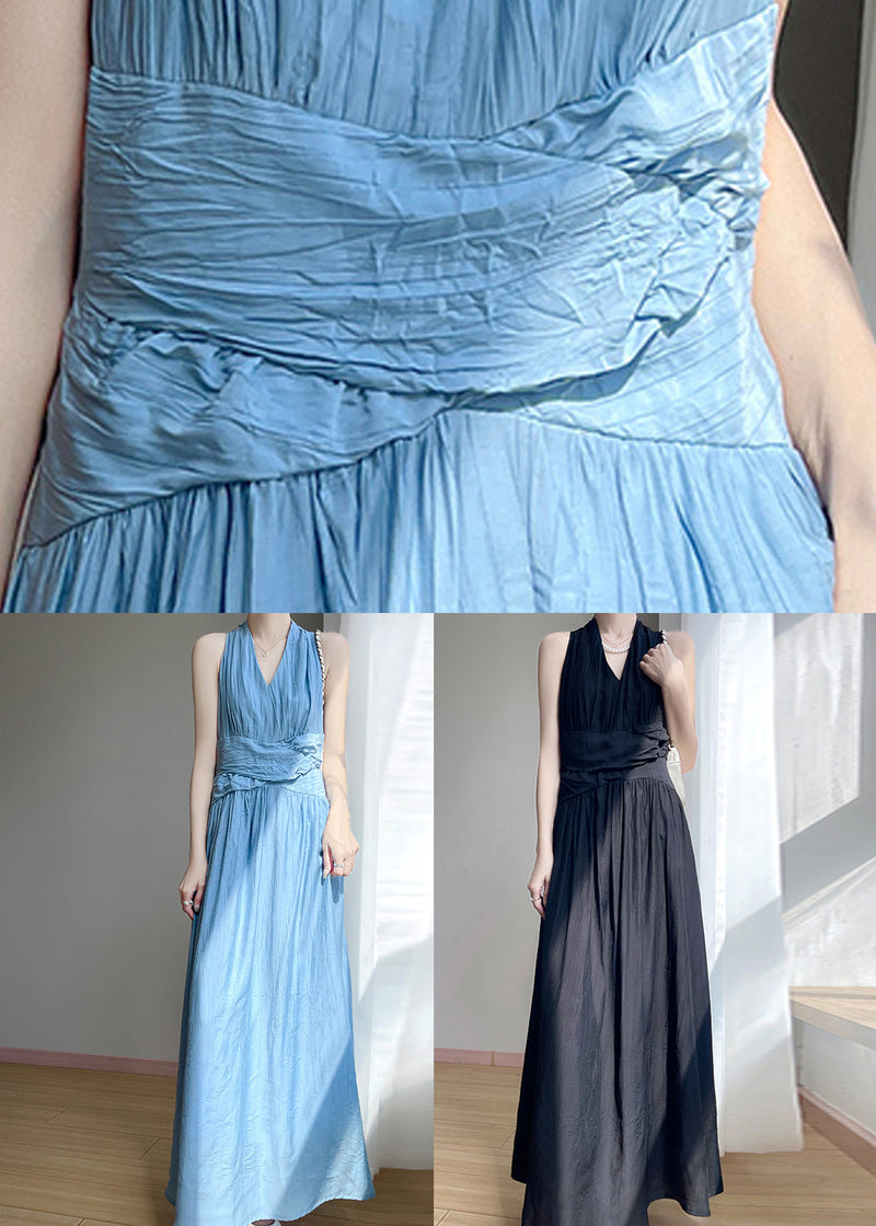 Blue V Neck High Waist Cotton Long Dress Sleeveless