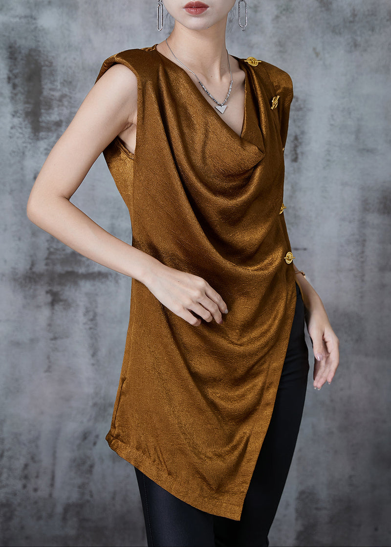 Brown Asymmetrical Patchwork Silk Beach Vest Summer