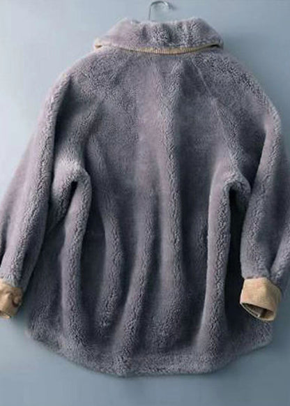 Grey Hign Neck Pockets Patchwork Wool Coats Winter