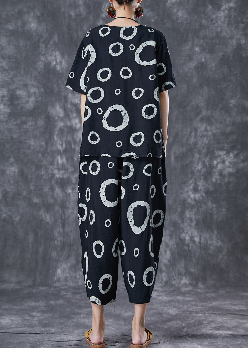 Black Print Cotton Tops and Pants Two Pieces Set Oversized Summer