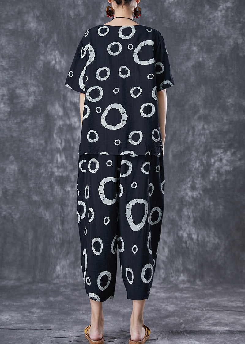 Black Print Cotton Tops and Pants Two Pieces Set Oversized Summer