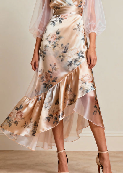 V Neck Print Tulle Patchwork Silk Dresses Sleeveless