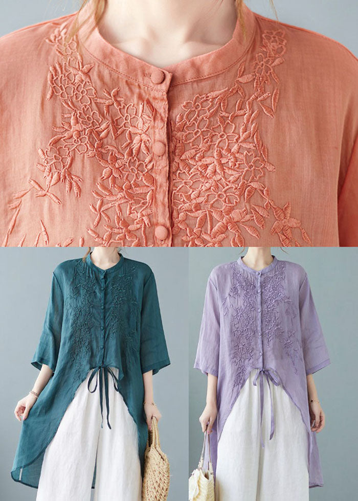 Italian Green Asymmetrical Tie Waist Linen Shirts Half Sleeve