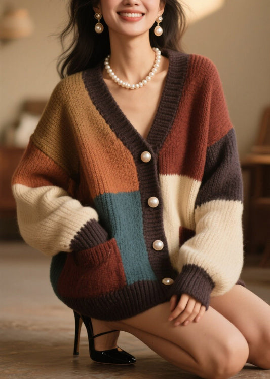 Colorblock Button Pockets Knit Cardigan Fall