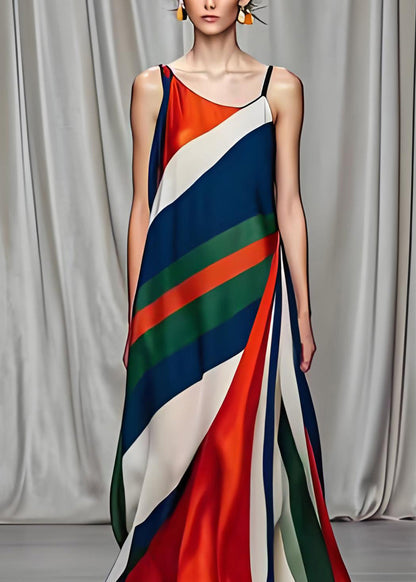 Colorblock Cold Shoulder Draping Silk Long Dresses Sleeveless
