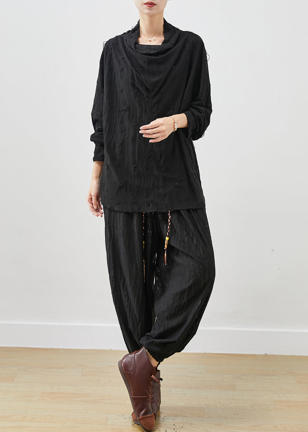 Black Loose Cotton Ripped Two-piece Set Turtle Neck Spring