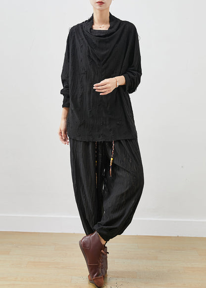 Black Loose Cotton Ripped Two-piece Set Turtle Neck Spring