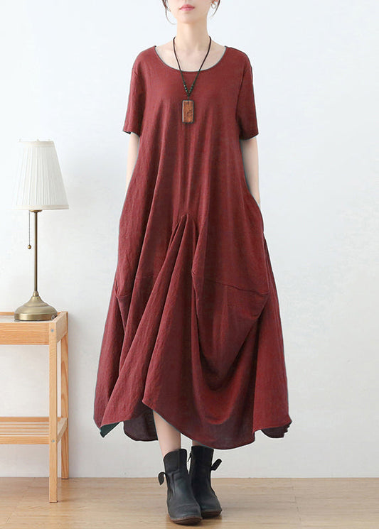 Brick Red Cotton Long Dress O-neck Asymmetrical Design Short Sleeve