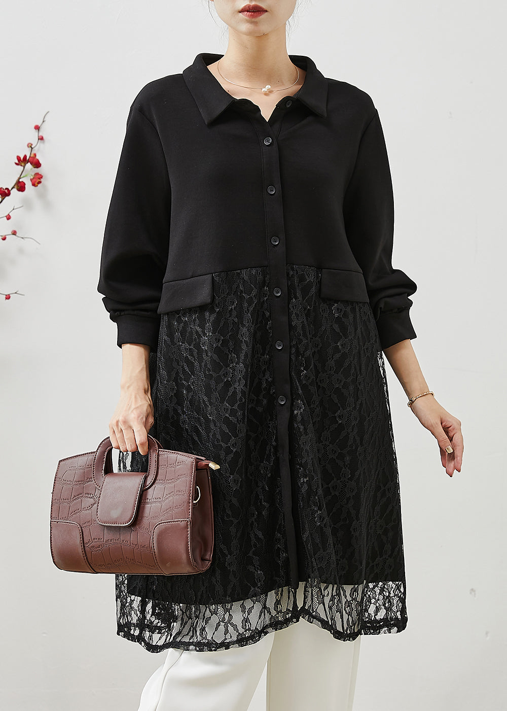Black Peter Pan Collar Patchwork Lace Dress Fall