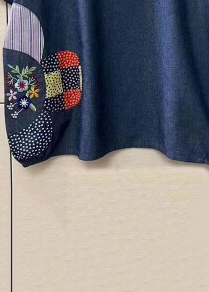 Loose Navy O-neck Embroideried Patchwork Denim T Shirt Top Summer