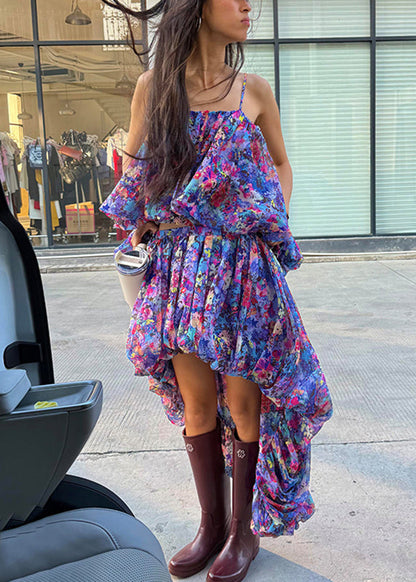 Beach Purple Print Vest and Asymmetrical Skirts Two Pieces Set Sleeveless