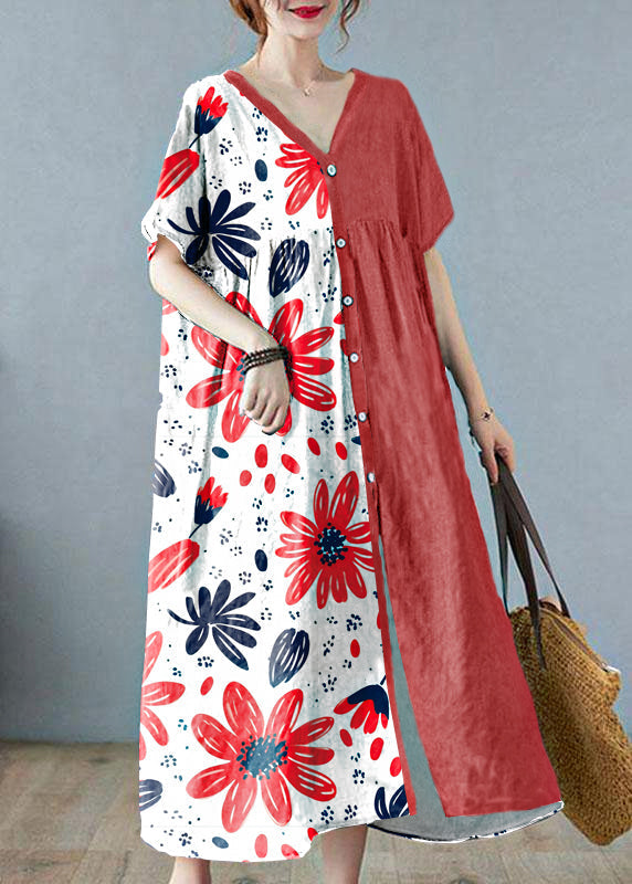 Green Bamboo Retro Button Summer Print Half Sleeve Maxi Dress