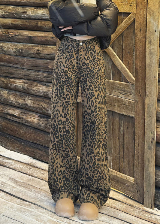 Leopard Pockets High Waist Warm Fleece Wide Leg Pants