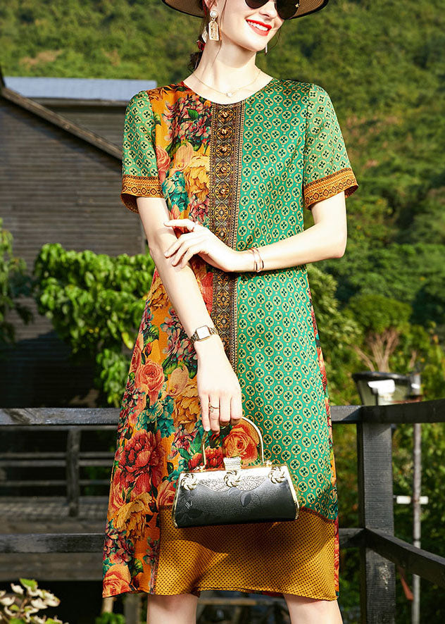 Art Green O-neck Print Silk Formal Dresses Short Sleeve