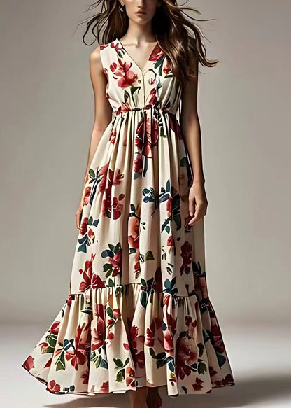 Beige Print Wrinkled Cotton Maxi Dresses Sleeveless