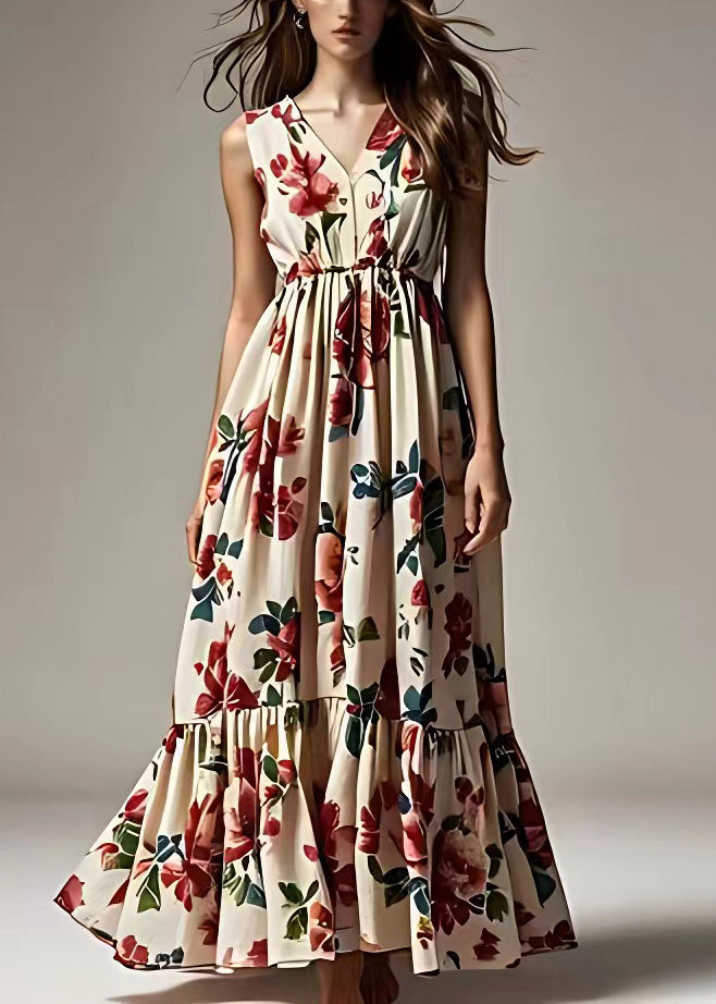 Beige Print Wrinkled Cotton Maxi Dresses Sleeveless