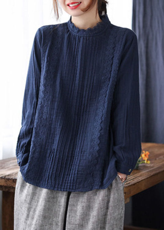 Boutique Navy Lace Patchwork Cotton Top Spring
