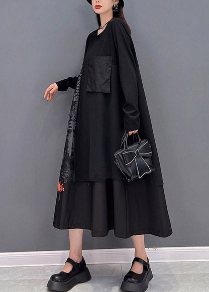 Black O-neck Asymmetrical Patchwork Pockets Dress Long Sleeve