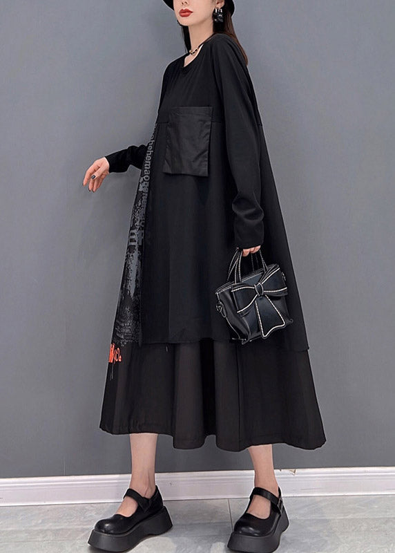 Black O-neck Asymmetrical Patchwork Pockets Dress Long Sleeve