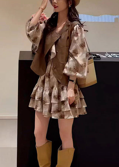 Coffee Button Patchwork Waistcoat and Dress Two Pieces Set Spring