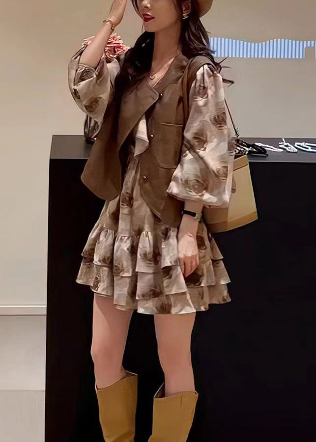Coffee Button Patchwork Waistcoat and Dress Two Pieces Set Spring