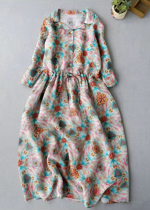 Modern Peter Pan Collar Drawstring Button Print Linen Dress Three Quarter Sleeve