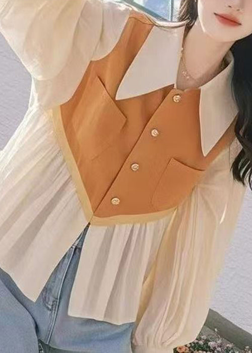 Peter Pan Collar False Two Pieces Patchwork Cotton Shirt Fall