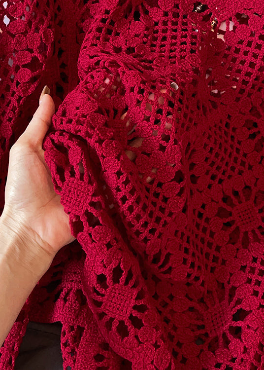 Red O Neck Hollow Out Knit Sweater Fall