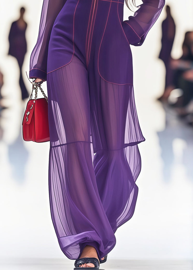 Purple Stand Collar Patchwork Tulle Jumpsuit Summer
