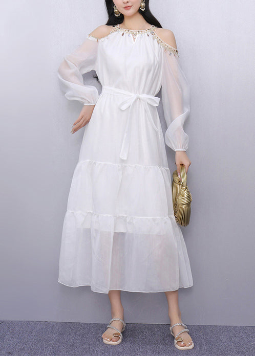White Sequins Cold Shoulder Holiday Dress Summer