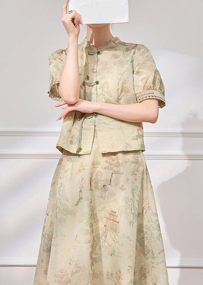 Jacquard Light Green Button Tops and Skirts Two Pieces Set Summer