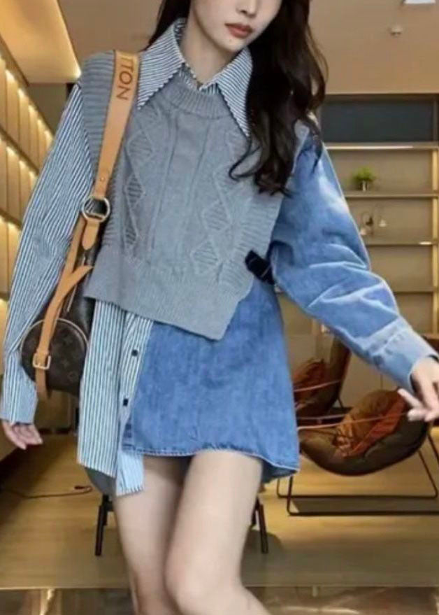 Colorblock Denim Patchwork Knit Striped Cotton Shirts Spring