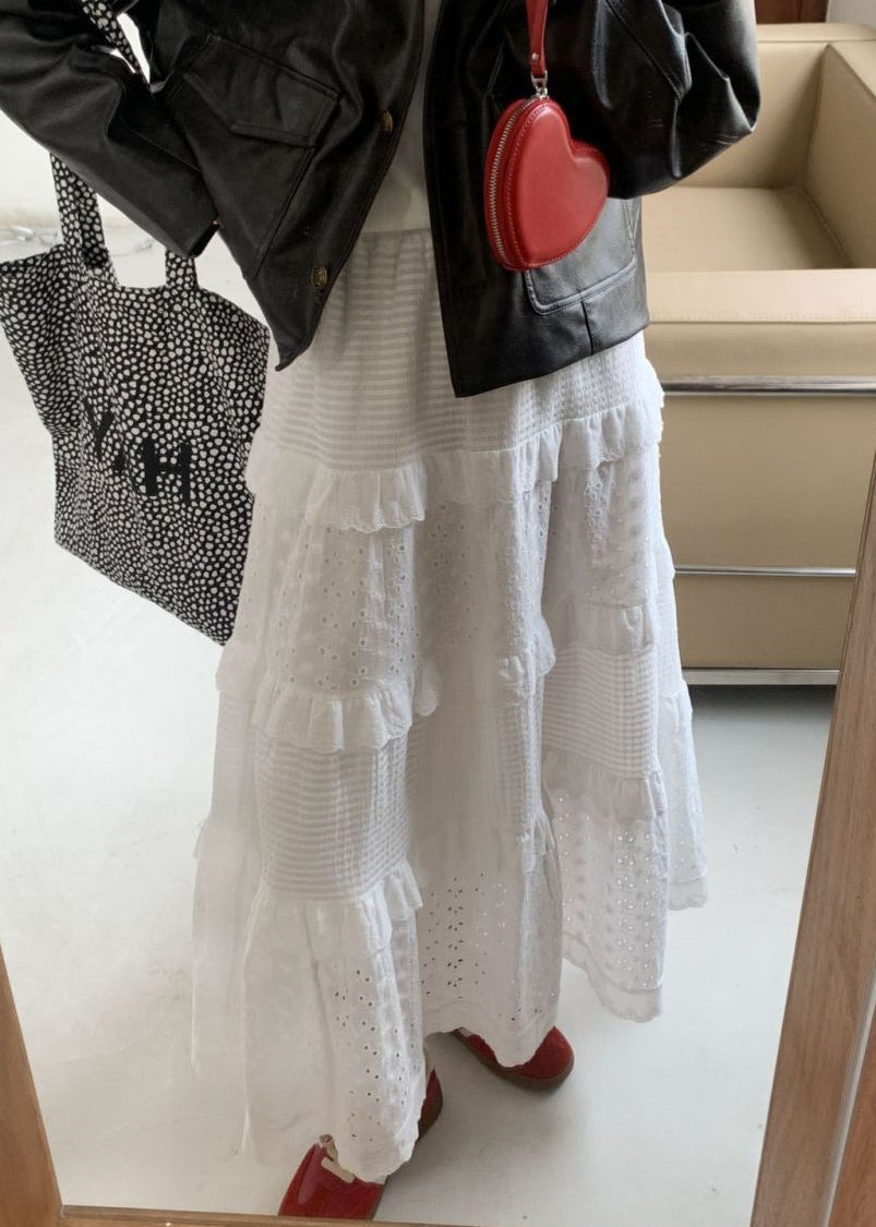 White Ruffled Hollow Out Cotton Skirts Summer