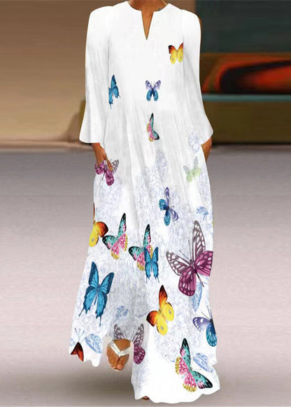 White Print Maxi Beach Dress Long Sleeve