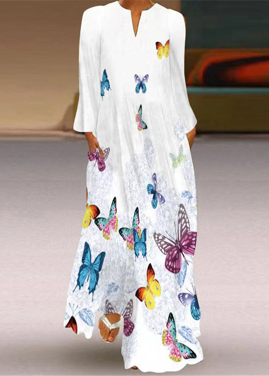 White Print Maxi Beach Dress Long Sleeve