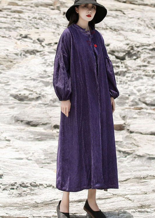 Purple Embroideried Pockets Corduroy Dress Spring