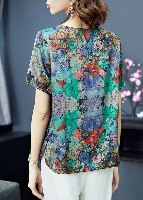 Green O-neck Butterfly Print Satin Top Short Sleeve