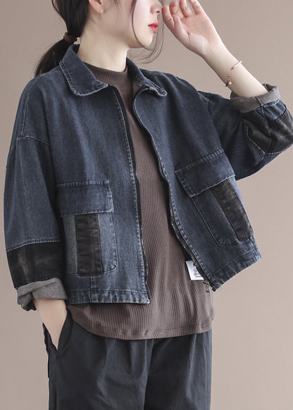 Blue Peter Pan Collar Patchwork Pockets Denim Coats Long Sleeve