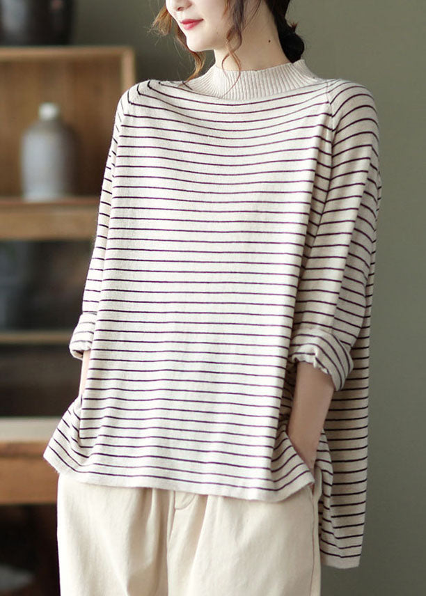 Beige Striped Loose Knit Shirt Spring
