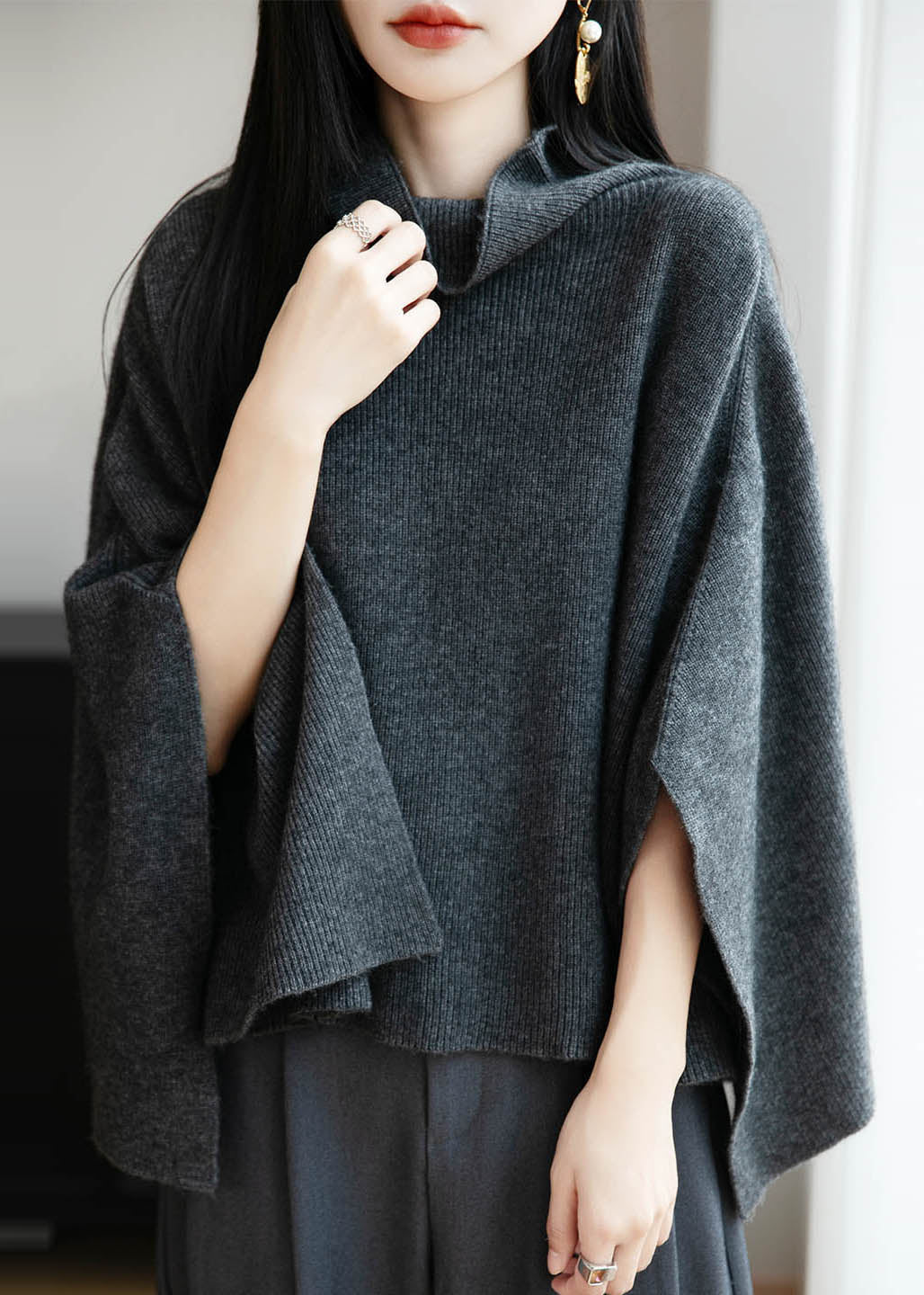 Simple Dark Gray Cozy Wool Sweaters Batwing Sleeve