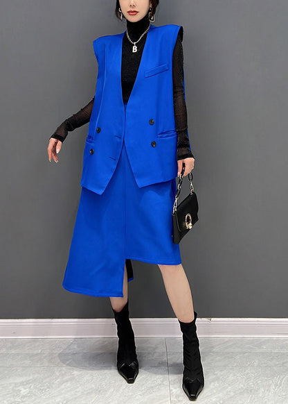 Style Blue Asymmetrical Design Spandex Vest and Skirt 2 Piece Outfit Sleeveless