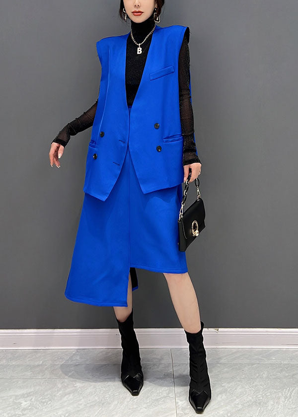 Style Blue Asymmetrical Design Spandex Vest and Skirt 2 Piece Outfit Sleeveless